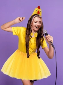 4件套女士可爱黄色涤纶小鸡服装 - 3D头箍、领结、尾巴和蓬蓬裙套装，适合各种嘉年华和派对装扮