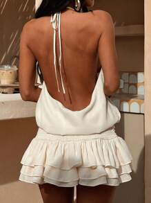 Women Mini Halter Neck Dress Pleated Sleeveless Open Back A-Line Layered Ruffle Short Dress - White - View 7