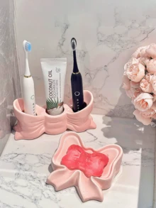 1 Piece Nordic Style Bow Shape Toothbrush Holder, Electric Toothbrush Holder, Cosmetic Storage Rack, Toothbrush Storage Box, Soap Dish, Home Desktop Decorative Holder, Aesthetic Room Decor, Home Decor, Space Saving Organization, Kitchen, Bathroom, Bedroom Accessories