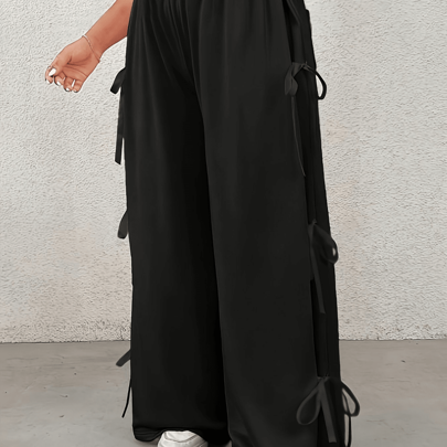 Local Delivery - Women's Casual Straight-Leg Pants With Side Bow Tie Detail & Back Pockets - Stretchy Comfort Fabric, All-Season Loose Fit Trousers For Casual Attire, Functional Pocketwear, Durable Fabric