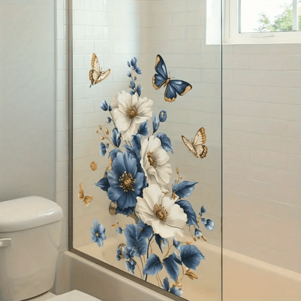 2 Stück/Set Blaue & Weiße Blumen Wandaufkleber, Schmetterling Badezimmer Waschtisch Aufkleber, Schlafzimmer Wanddekoration, Abnehmbare Blumen Aufkleber, Badezimmertür Aufkleber, Wasserfeste PVC Klebedekor für Zimmer, Schlafzimmer, Küche, Weihnachten, Weihnachtsdekoration, Heimdekoration