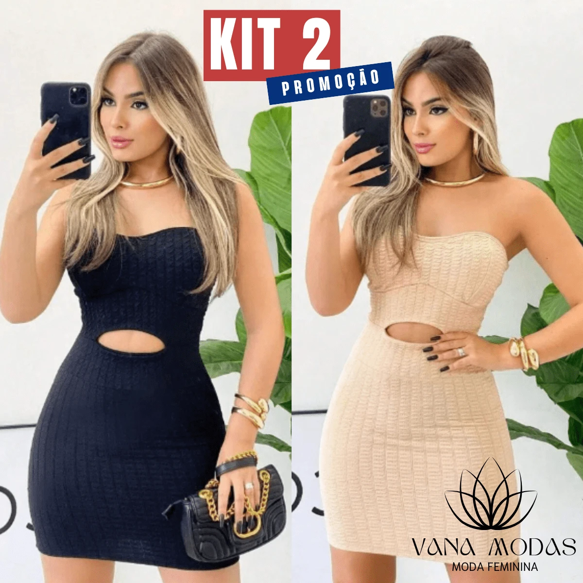 Kit 2 Vestido Midi Tubinho Feminino Bubble Com Bojo Decote Tomara Que Caia Curto - Preto/Bege - Visão 1