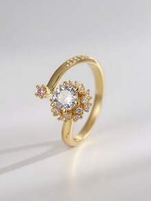 Charm-In 1pc Fashionable & Elegant 18K Gold Plated Brass Flower Shaped Ring With Sparkling Zirconia Stones, Multiple Sizes Available, Suitable As Gift For Friends, Family, Holiday - Flowers/ - View 3