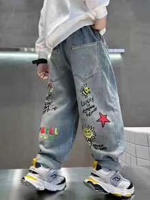 男童印花牛仔裤青少年儿童春秋季新款松紧腰休闲宽松长裤 - 中等水洗藍 - 查看 2
