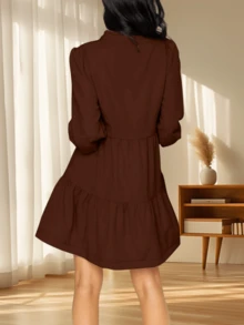 Womens Fall Casual V Neck Long Sleeve Loose Ruffle Tiered Tunic Dress - 咖啡棕 - 查看 3