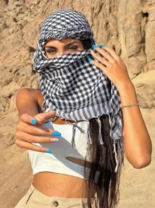 Lpc Fashion Classic Desert Plaid Print Square Headscarf,Arabic Outdoor Sun Protection Windproof Unisex Tassel Shawl Scarf, Abaya Accessories Suitable For Daily And Outing Wear Soft Hijab,Women Veil