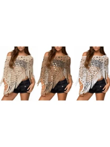 Women's Sexy Party Knitted Hollow Out Fringe Top Long Sleeve Scoop Neck Sequined Cover Up Plain Medium Stretch Irregular Knitted Top Fall Clothes For Women Halloween Costumes / Vestidos Elegantes De Mujer - 棕色 - 查看 6