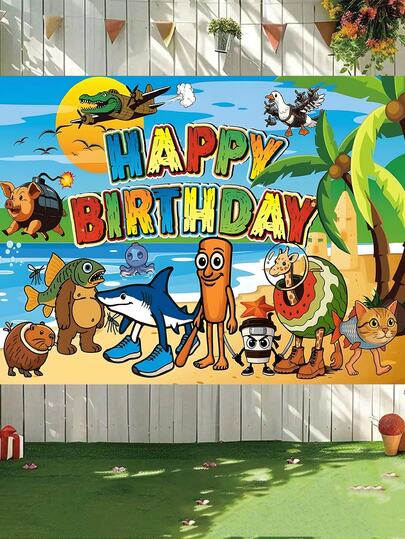 1 pièce - Ensemble de décorations pour fête d'anniversaire thème animal de dessin animé avec bannière "Joyeux anniversaire", ballons, décorations pour cupcakes (bannière de fond)