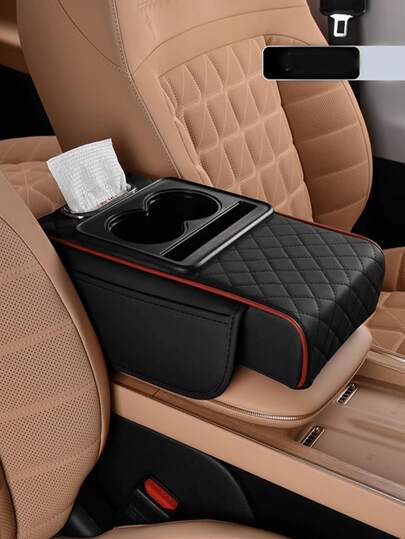 وسادة مسند ذراع السيارة الجلد الاصطناعي مع صندوق المناديل والكوستر وجيب التخزين - غطاء متعدد الوظائف 4 في 1 مريح ومتين لوحدة التحكم المركزية للمركبة