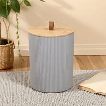 1pc Large Capacity With Bamboo Cover Trash Can With Simple Striped Design, For Home Living Room Or Bathroom Storage - Multicolor - View 4