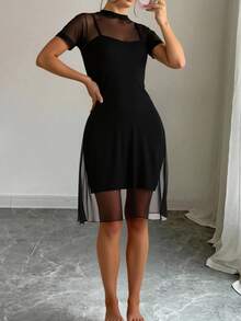 Conjunto de 2 vestidos   Colorblock    Elegante    Tela    Espalda al aire  Transparente  Gasa    moda para mujer  Diario    primavera verano - Negro - Ver 3