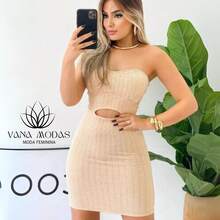 Kit 2 Vestido Midi Tubinho Feminino Bubble Com Bojo Decote Tomara Que Caia Curto - Preto/Bege - Visão 4