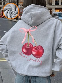 1pc Tween Girls Casual Cherry Print Pullover Hoodie Sweatshirt, Soft & Comfortable, Warm Thermal Lined, Suitable For Autumn/Winter