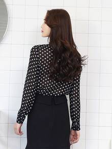 Manga Larga Casual Cómodo Primavera Verano Otoño Polka Dot Chiffon Shirt Bow Tie Ladies Tops Bottom Shirt - Negro - Ver 2