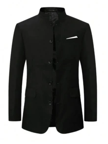 Men's Fashion Mandarin Collar Jacket, Business Suit, Pockets Unsealed, Suitable For Casual Outings - Black - View 3