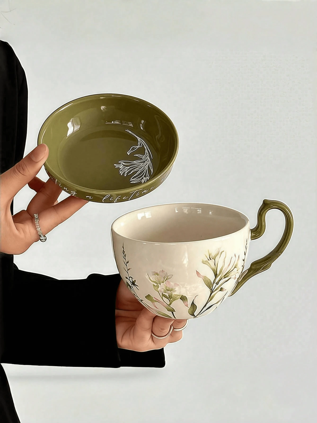 1 Set Vintage Green Lily Coffee Cup & Saucer With Lid, Large Capacity Bell Flower Water Mug, Suitable For Home, Office, Gifts, Birthday, Dessert Shop, Afternoon Tea, Party, Dorm, Gifts For Friends - Nhiều màu - Xem 1