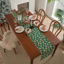 1pc/2pcs Christmas Gingerbread Man Printed Green & White Tablecloth, Table Runner, Table Runner, Dining Napkin - Multicolor - View 24