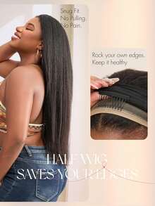 bling hair Half Wig, Straight, Kinky, Flexi Fit, Invisible, 3 In 1 Wig, Flip Drawstring Wig, 180% Density, Glueless Wigs, Natural Black, Ready To Wear Headband Wig For Women - Natural Black - 查看 2