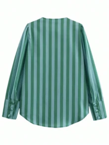 Women's Round Neck Gigot Sleeve Striped Single-Breasted Blouse - Green - View 4