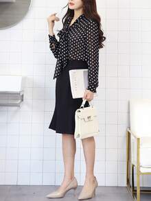 Manga Larga Casual Cómodo Primavera Verano Otoño Polka Dot Chiffon Shirt Bow Tie Ladies Tops Bottom Shirt - Negro - Ver 5