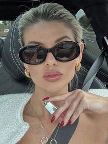 1 件复古椭圆形女士时尚眼镜，时尚猫眼高端街头风格眼镜 - 黑灰 - 查看 2