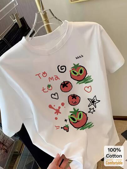 귀여운 토마토와 하트 카툰 프린트 반팔 중간 길이 티셔츠, 여성용 루즈핏 미니멀리스트 슬리밍 디자인 캐주얼 티, 화이트 오버사이즈 스타일리시