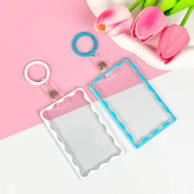 Simple Color Wave Card Holder,Acrylic Transparent Kpop Idol Photocard Holder Cute Love Heart ID Credit Card Sleeve Cover Protector With Pendant Keychain - 粉色 - 查看 5