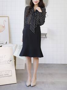 Manga Larga Casual Cómodo Primavera Verano Otoño Polka Dot Chiffon Shirt Bow Tie Ladies Tops Bottom Shirt - Negro - Ver 4