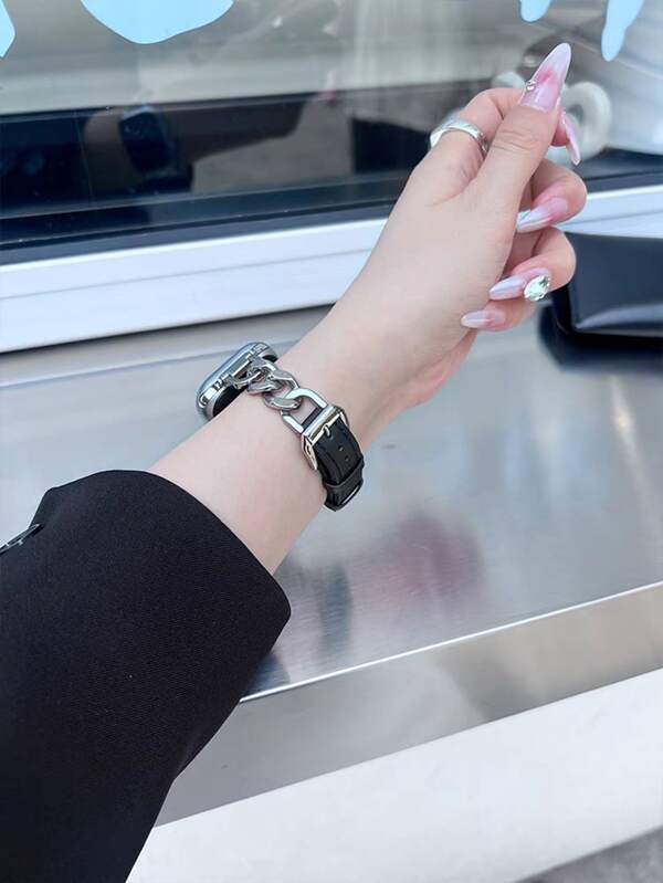 1 Pc Becorative Fancy Jewelry Stylish Link Elegant Slim Leather Loop Compatible With Apple Watch Band For Women Black Gold Silver Thin 38mm 40mm 41mm 42mm 44mm 45mm 46mm 49mm , Stainless Steel Strap Compatible With Apple Watch Watchband Series Ultra 10/9/8/7/6/5/4/3/2/1 SE