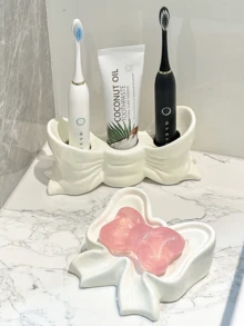 1 Piece Nordic Style Bow Shape Toothbrush Holder, Electric Toothbrush Holder, Cosmetic Storage Rack, Toothbrush Storage Box, Soap Dish, Home Desktop Decorative Holder, Aesthetic Room Decor, Home Decor, Space Saving Organization, Kitchen, Bathroom, Bedroom Accessories