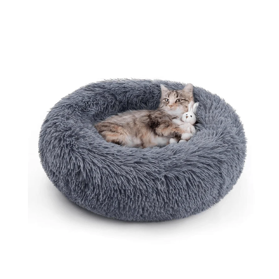 1 pieza Nido redondo de peluche largo de color gris oscuro no desmontable, suave y cómodo, lavable a máquina, cama para mascotas adecuada para gatos y perros pequeños/medianos, para uso diario en el hogar y transporte al aire libre