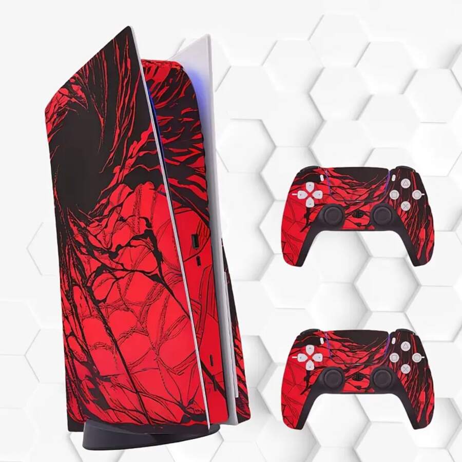 For PS 5 Disc Version Console And Controller Protective Film Sticker - Anti-Scratch PVC Black And Red Symbiote Sticker, Bubble-Free Sticker, Perfect Holiday Gift