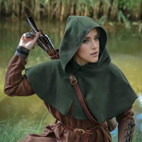 1pc Medieval Viking Retro Green & Black Knight Warrior Hooded Cape, Halloween Carnival Stage Cosplay Renaissance Warrior Cloak