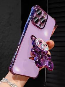 奢华电镀透明紫色手机壳，配有可爱小熊支架、闪亮水钻，Y2K风格，防震，夏季新款硅胶软壳保护套，兼容 16/16E/15/14/13/12/11/X/XS/XR/8/7 Plus/Pro/Max/Mini、Galaxy S24/S25 Ultra、荣耀、Reno、摩托罗拉女士2025等机型。 - 紫色 - 查看 4