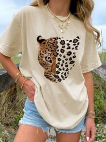 1pc Girls Casual Sunglasses Print Crew Neck Short Sleeve T-Shirt, Summer Student Young Fashion Cool Graphic Tee Stimulates Imagination & Self-Expression - Apricot - View 7