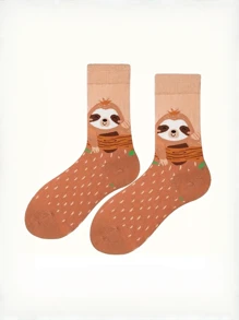 1 par de calcetines de media caña con estampado de perezoso marrón, lindos, cómodos y llamativos, adecuados para actividades diarias al aire libre, calcetines de otoño