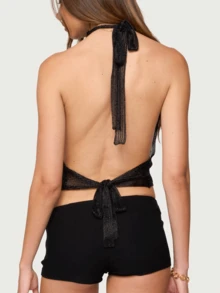 Women's Deep V Cowl Neck Backless Halter Top Tie Open Back Going Out Y2k Rave Festival Tops - Black - View 3