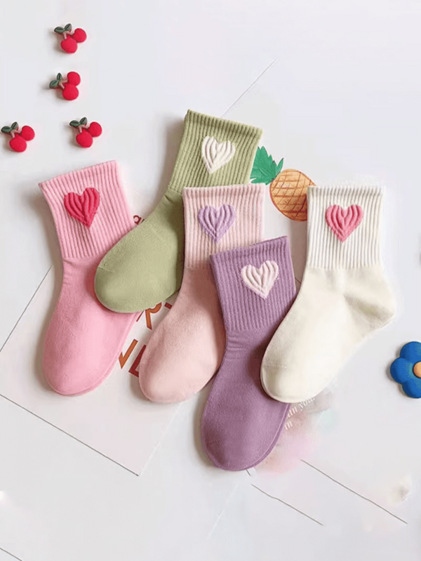 5/10 pares de calcetines hasta el tobillo con diseño de corazón estilo coreano, versátiles, cómodos, transpirables y dulces para niñas