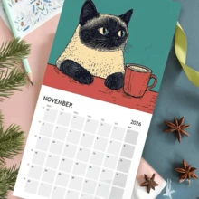 1 Pc 2026 Cat Cafe Calendar(8.5in*8.5in), 12 Months Artwork Design, Llustrations And Artwork Inspired Design, Perfect For Hanging Decoration, Home Office, Personal And Professional Scheduler, Wall Calendar, Planning Tool, Minimalist Design, Spiral Binding Design,Halloween, Halloween Gifts, Christmas, Christmas Gifts, Thanksgiving, Birthday Gifts, Valentine's Day, Wedding Gifts,Back To School Season, Graduation Season