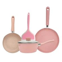 ABKOK 1 pieza/2 piezas/3 piezas/5 piezas Juego de utensilios de cocina mini de aluminio rosa, sartén antiadherente, cacerola, sartén para panqueques, olla para leche con espátula de silicona, lindo y compacto, requiere ensamblaje, disponible como olla individual o juego