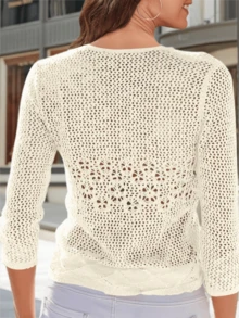 Womens Sheer Shrug Sweaters 3/4 Sleeve Open Front Tie Cardigan Bolero Jacket Lightweight Crochet Knit Cover Up Tops - 杏色 - 查看 2