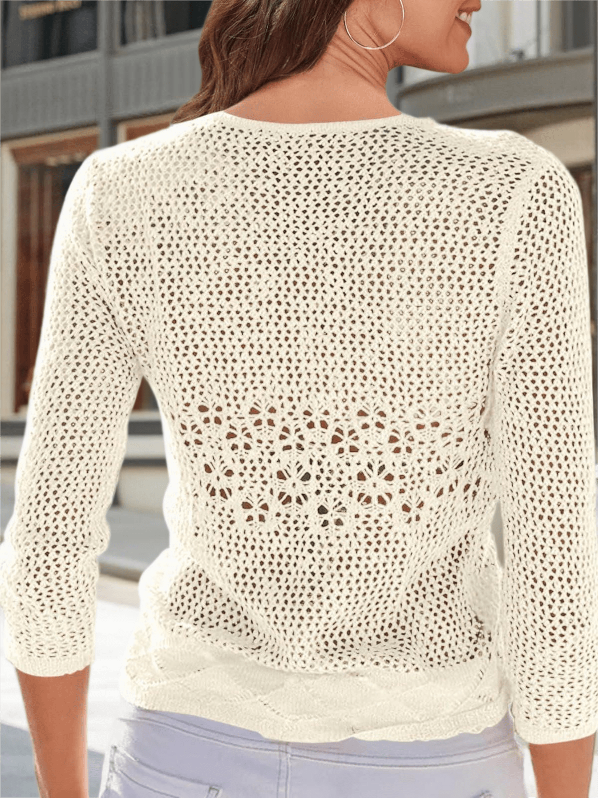 Womens Sheer Shrug Sweaters 3/4 Sleeve Open Front Tie Cardigan Bolero Jacket Lightweight Crochet Knit Cover Up Tops - 杏色 - 查看 2