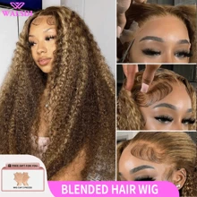 WALSDI 200% 密度 30 英寸杰瑞卷发全蕾丝前假发高清透明 13x4 13x6 高清蕾丝前假发,耐高温纤维合成混合人发混合假发,适合女士 - S4/27 - 查看 2