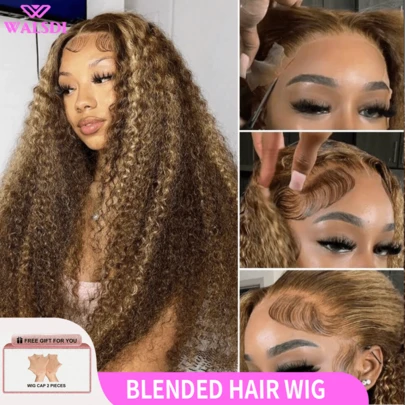 WALSDI 200% 密度 30 英寸杰瑞卷发全蕾丝前假发高清透明 13x4 13x6 高清蕾丝前假发，耐高温纤维合成混合人发混合假发，适合女士