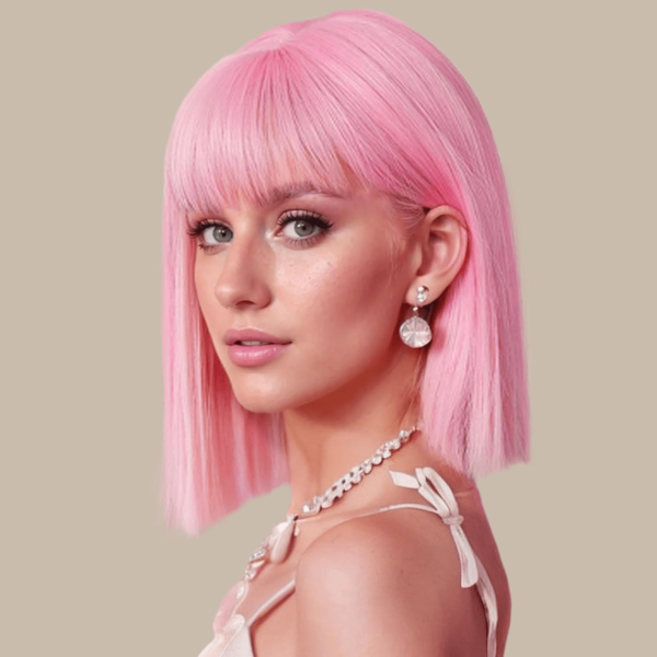 Peluca bob rosa con flequillo - Cabello sintético resistente al calor de 12 pulgadas, peluca corta y recta de longitud hasta los hombros para uso diario, fiestas y mujeres y niñas