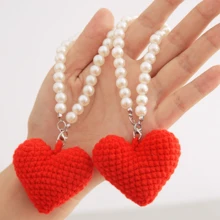 1 قطعة سلسلة مفاتيح قلب مصنوعة يدويًا بالكروشيه، ديكور معلق مصنوع بالتريكو، إكسسوار للحقيبة/الهاتف
