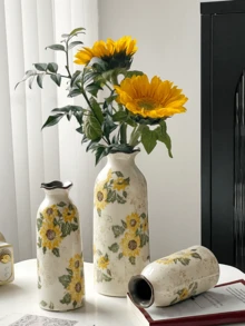 1 pièce Mini vase en céramique fait main vintage tournesol, porte-fleurs floral doré à glaçure craquelée, décoration de maison bohème rustique de style ferme pour salon, chambre, balcon, table, fleurs fraîches/sèches, cadeau pour les fêtes & l'Aïd - Jaune citron - Voir 9