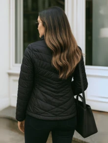 Chamarra Acolchada Entallada, Estilo Elegante Urbano, Ligera y Térmica para Mujer, Bolsillos con Cremallera, Cardigan Lateral - Negro - Ver 2