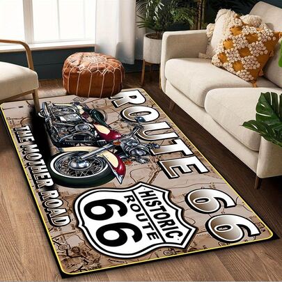 1pc Vintage Motorcycle Rug - Washable, Non-Slip Polyester Carpet For Bedroom, Living Room, Office - Ideal Gift For Motorcycle Enthusiasts, Available In Various Sizes, Entryway Rug | Route 66 Theme | Non-Slip Backing