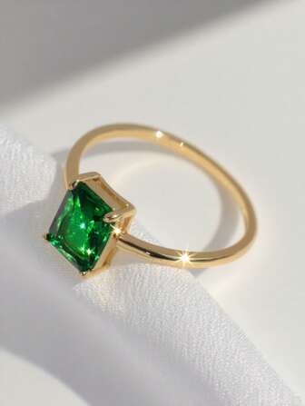 Charm-In 1pc 18K Gold Plated Rectangular Cubic Zirconia Women's Quality Ring, Jewelry